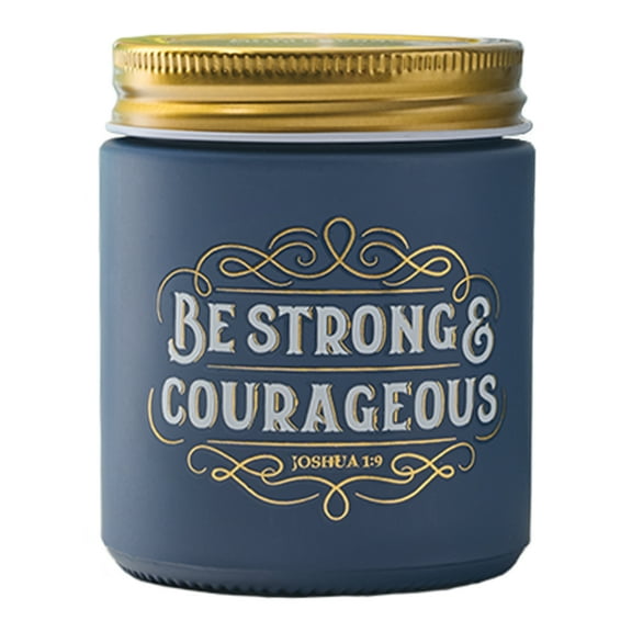 Christian Art Gifts Natural Soy Wax Scented Candle for Men & Women: Strong & Courageous Encouraging Bible Verse, Blue Glass Jar, Metal Screw-Top Lid, Pure Essential Oils, Fireside Blue Spruce Scent