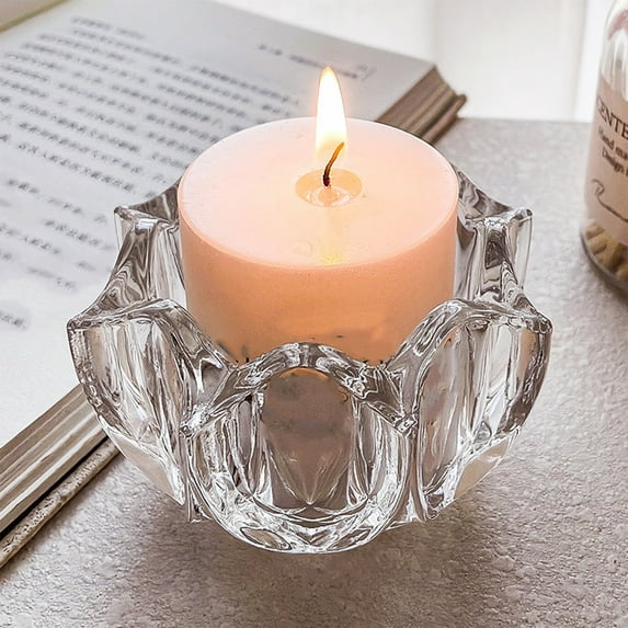 Glass Candlestick, Crystal Candle Holder, Petal Shaped Clear Glass Candle Stand for Romantic Home Decor(Clear)