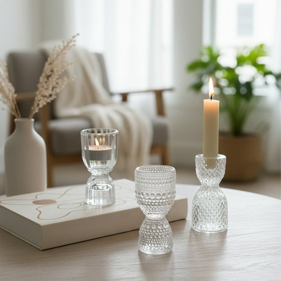 Glass Candlestick Holder | Transparent Small Wine Glass Style | Thick Clear Glass - Elegant Taper Candle Stand | Table Centerpiece | 1 Pack | 3.9x1.9 in | Home Decor