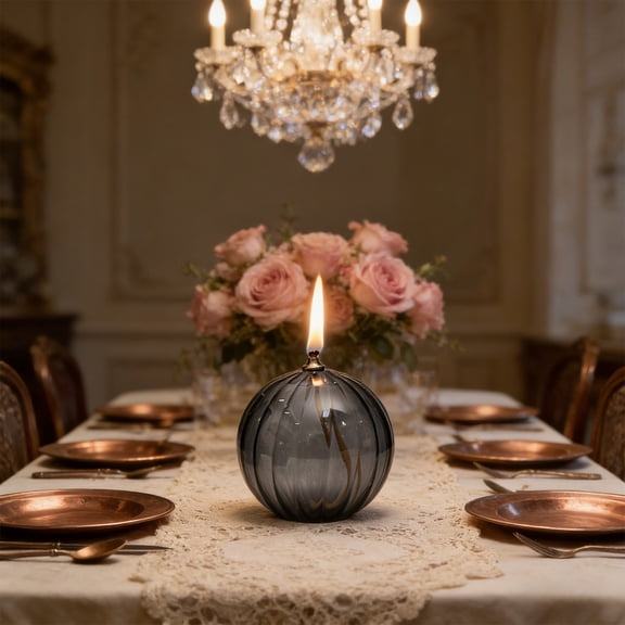 Glass Candlestick Striped Round Glass Oil Lamp Candlestick Modern Minimalist Smokeless Tabletop Decorative Centerpiece(Dark Gray,1Pcs) JASKFLY