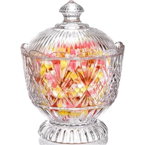 Glass Candy Dish with Lid, 40 Oz Large Clear Covered Cookie Bowl, Decorative Embossed Storage Container for Candy Buffet, Office Desk, , Dishwasher Safe