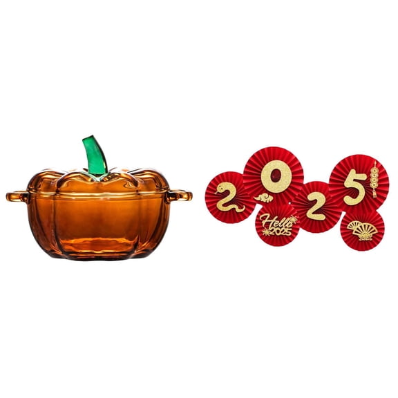 Glass Candy Dish Pumpkin Jar Paper Fan Festive Decoration Set for 2025 Chinese New Year Home Office Table Display