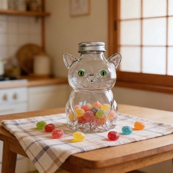 Glass Candy Jar, Cat Shaped Storage Container with Airtight Metal Lid, Clear Decorative Canister for Kitchen Counter, Treats, Snacks, Cat Lover Gift