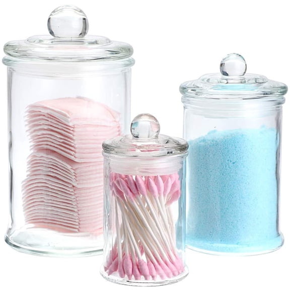 Glass Canisters, Apothecary Jars with Airtight Lids, Bathroom Vanity Storage Organizer Containers for Qtip Cotton Swabs, Cotton Balls, Flossers, Bath Salt, Hair Tie, Set of 3