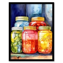 Glass Canning Jars with Olives on Shelf Colourful Watercolour Painting Food Preserve Kitchen Artwork Art Print Framed Poster Wall Decor 12x16 inch