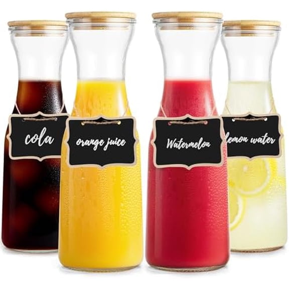 Glass Carafe with Bamboo Lid, Round 35 Oz Beverage Dispensers Carafe, Mimosa Bar Supplies, Round Clear Glass Pitcher with Name Labels for Iced Tea, Coffee, Juice(Set of 4)