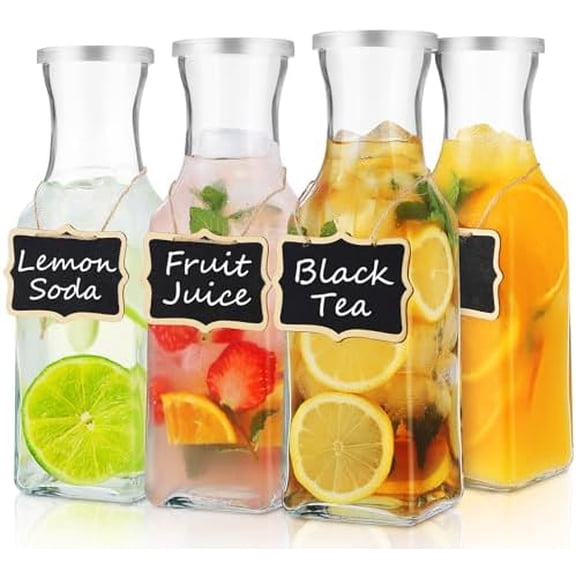 Glass Carafe with Lid, 4Pcs Square Glass Carafe Juice Containers 1 Liter Clear Glass Pitcher Drink Dispensers for Beverage Cold Water Juice Milk Iced Tea Wine Dishwasher Safe