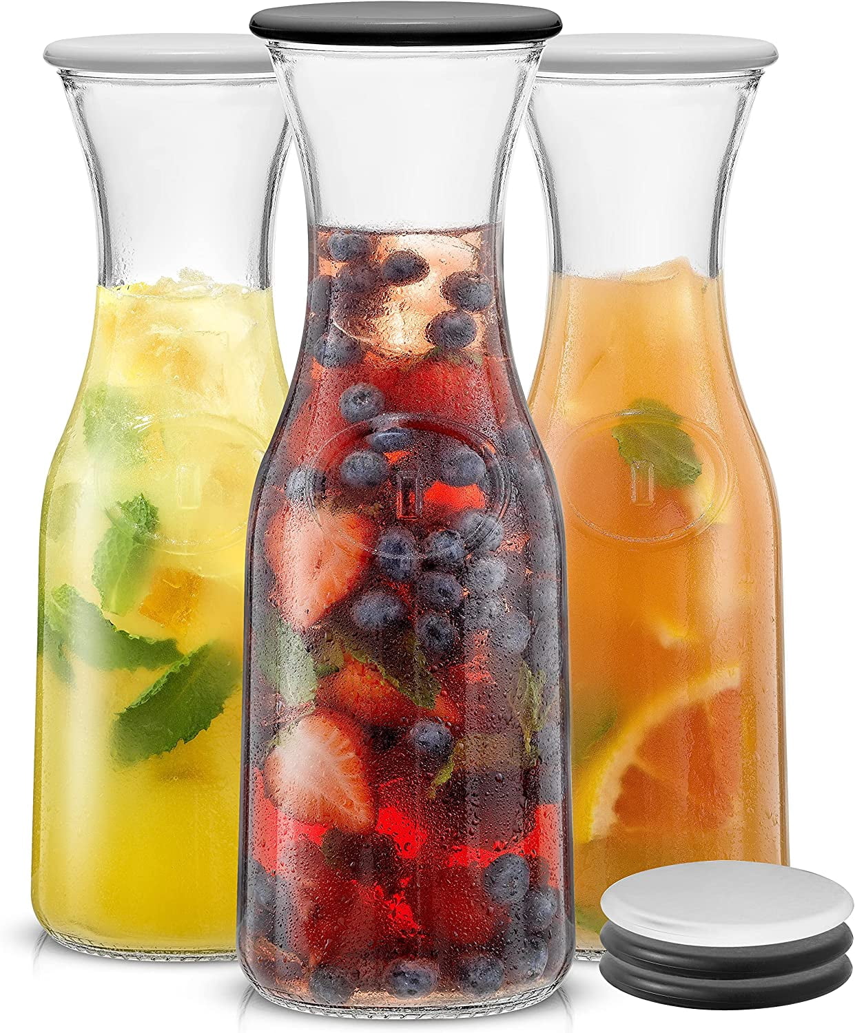 Glass Carafe with Lid, Set of 3 – 1 Liter Pitcher for Mimosa Bar, Water, Iced Tea, Juice, Wine, Lemonade, Milk Dishwasher Safe Beverage Drink Dispensers Brunch, Parties