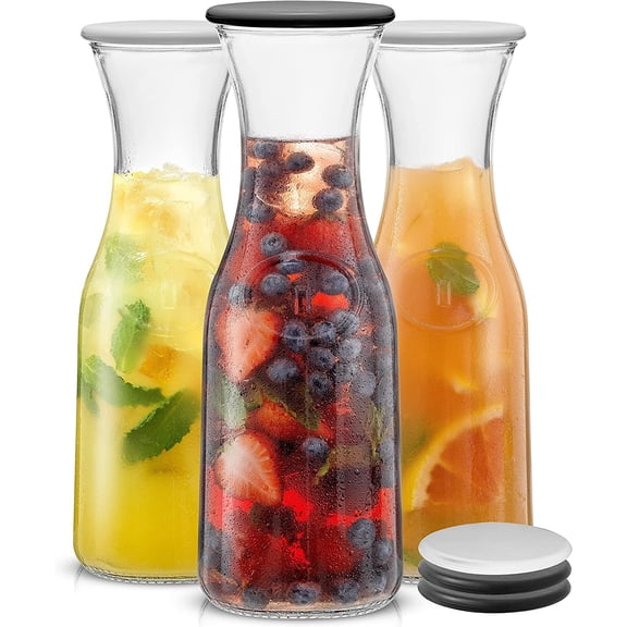 Glass Carafe with Lid, Set of 3  1 Liter Pitcher for Mimosa Bar, Water, Iced Tea, Juice, Wine, Lemonade, Milk Dishwasher Safe Beverage Drink Dispensers Brunch, Parties