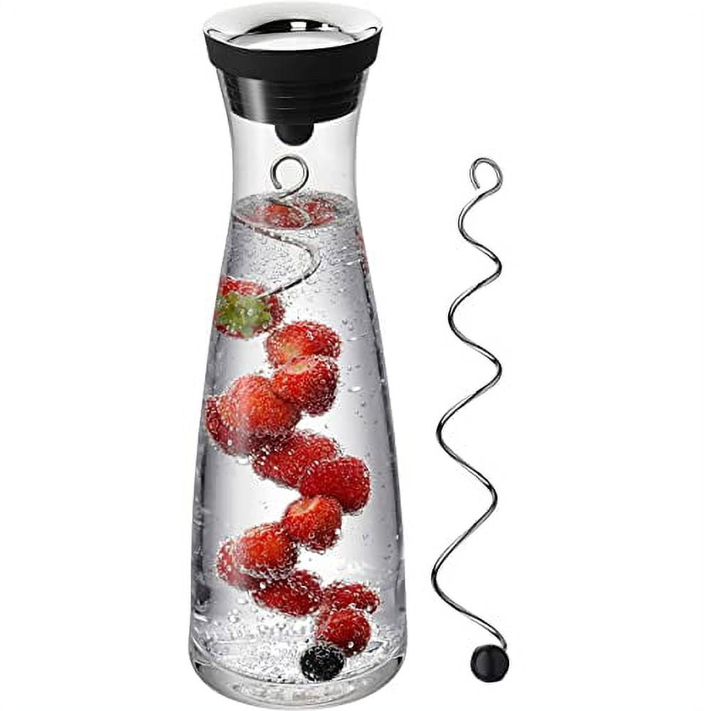 Glass Carafe with Lid and Stainless Steel Fruit Skewer, 34 oz 1 Liter Water Pitcher, Pitcher for Ice Tea and Homemade Juice, Heat Resistant Borosilicate Glass Carafe for Hot or Cold Water.