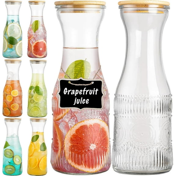 "Glass Carafe Pitchers with Lids, Set of 6 1 Liter Embossed Designed Beverage Pitcher Carafe Set for Mimosa Bar, Juice Container for Brunch, Cold Water, Juice - with 6 Wooden Chalkboard Tags