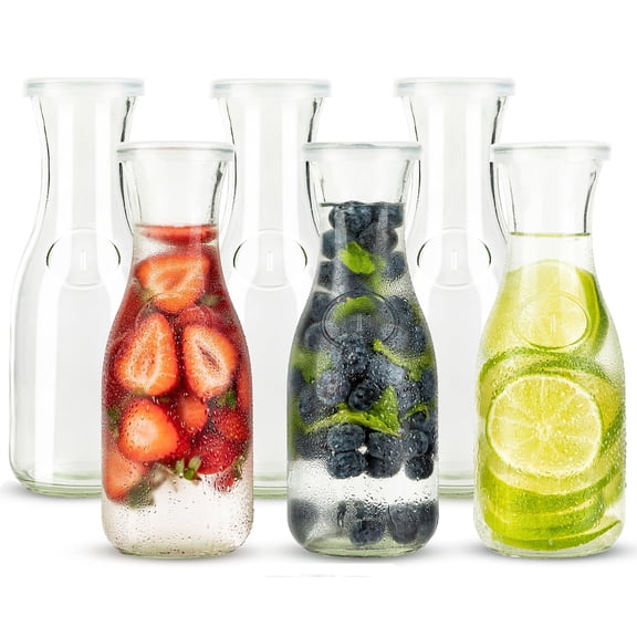 Glass Carafe Pitchers By Mini Carafes- Set Of 6 Beverage Dispensers Clear Jugs For Mimosas Water Wine Milk And Juice With Plastic Lids Dishwasher Safe 17.3 Oz