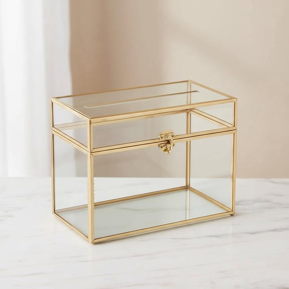 Glass Card Box, Clear Card Box for Wedding Receptions, Decorative Storage Box for Party, Bridal Shower (With Slot, Gold)