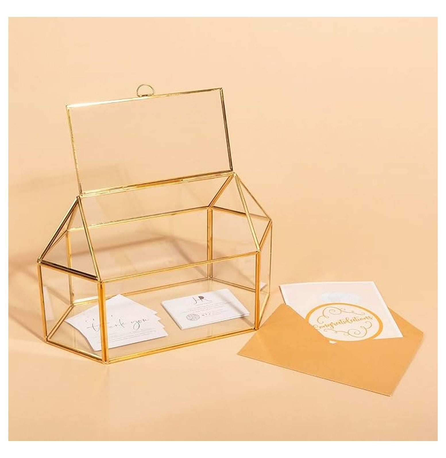 Glass Card Box with Golden Brass Accents - Wedding Gift Card Holder, Birthday Cards & Gifts, Bridal Shower Card Receiver - 13.18" x 7.87" x 5.91"