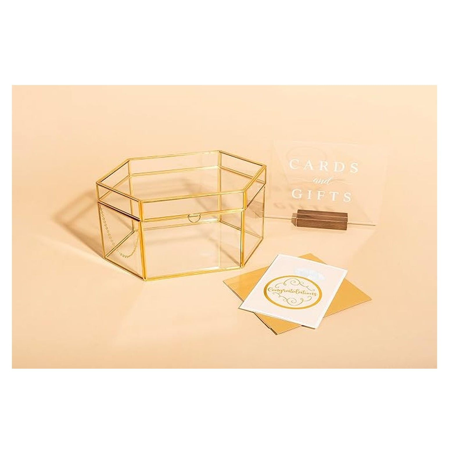 Glass Card & Gift Box for Weddings - Golden Brass Geometric Box for Birthday, Baby Shower, Graduation, Bridal Shower Gifts & Cards - Full Opening