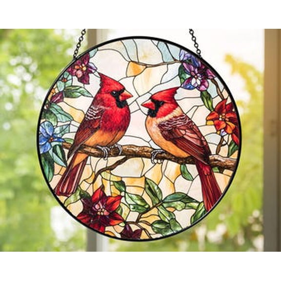 Glass Cardinal Suncatcher | Handmade Red Cardinal Couple Window Hanging | Bird Lover Gift Rustic Floral Home Décor, 3.5 in