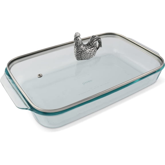 Glass Casserole Dish with Metal Rooster Handle Baking Dish - Perfect to keep your Easter Sides Protected and Warm - Farmhouse Style 9.25 inches x 13.5 inches 3 quart - 2-pieces