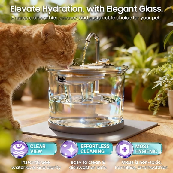 Glass Cat Dog Water Fountain 70oz/2.1L for Cats Dogs with 3 Spray Heads with LED Light,Ultra-Quiet, Automatic Water Dispenser, Glass & Stainless