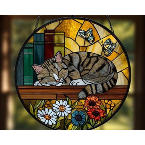 Glass Cat Window Hanging, Cozy Tabby on Bookshelf Floral Panel for Book Lover Home Decor and Cat Owner Gift, 3.5 in