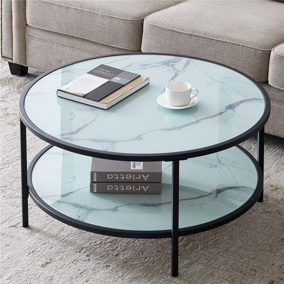 Glass Center Table for Living Room, Marble Round Coffee Table with Lower Shelf, Modern Round Side Coffee Table with Metal Legs, 35.43"Dia x 17.72" Center Table Sofa Table, LLL4635