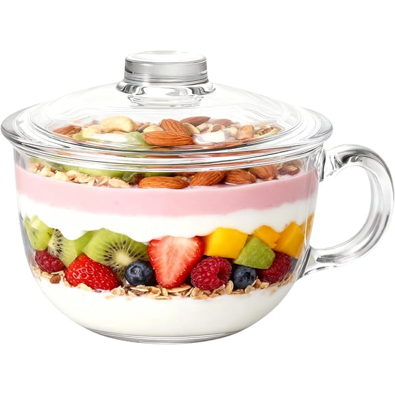 Glass Cereal Bowl Soup Bowl with Handle Clear Small Bowls with Lid Oatmeal Breakfast Bowls Microwave Safe Glassware Yogurt Bowl Dessert Pasta Rice,500ml/16 oz