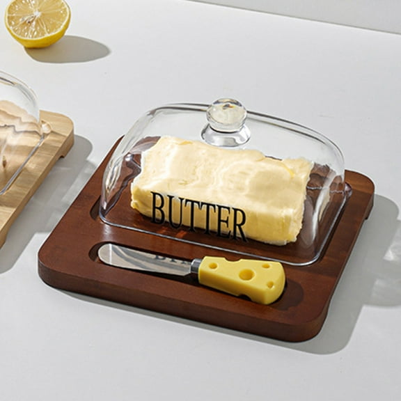 Glass Cheese Cake Dessert Storage Container with Lid and Wooden Tray | 7.72 Inch Square Glass Food Storage Box for Kitchen or Dining Table | Includes Butter Knife | Clear Glass Bento Box for Pastries