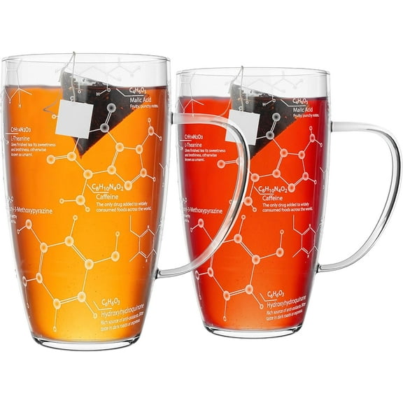Glass Chemistry Glass Tea Cups - 18 oz Tumbler Science of Tea Beaker Mug (Set of 2) - Etched with Tea Chemistry Molecules - Perfect for Caffeine Lovers, Teachers, Engineers And More