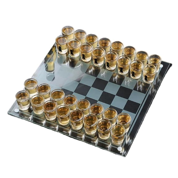Glass Chess Set with 32 Shot Glasses for Adult Drinking Game and Home Decor
