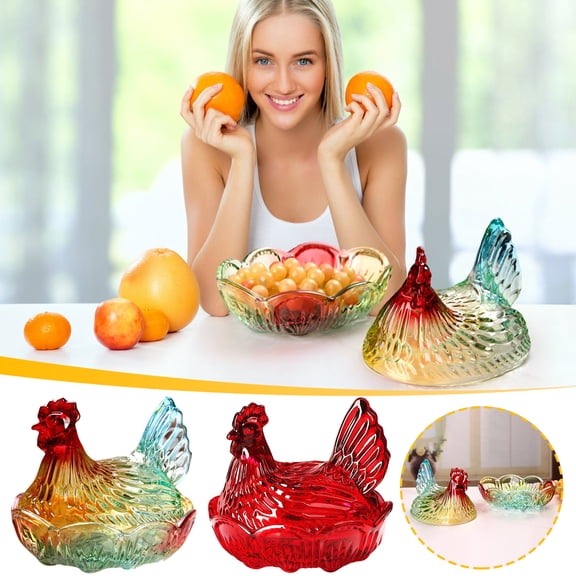 Glass Chicken Nest Candy Tray with Lid - Rustic Country Style Candy Bowl & Jar, Clear Glass Decor for Home Tabletop, Kitchen Counter, Holiday Party Treats, Office Desk & Dessert Display, 7*7*8in, A