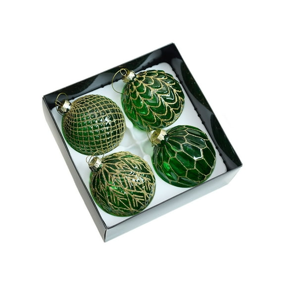 Glass Christmas Ball Ornaments, 4Pcs Vintage Glass Hanging Balls Finial with Glitter for Xmas Tree Decor, Luxury Christmas Baubles for Holiday Winter Decor 3.15Inch