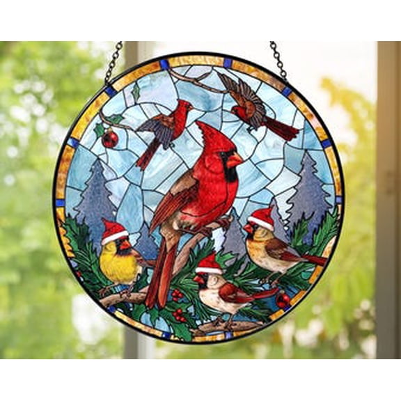 Glass Christmas Birds Suncatcher: Cardinal, Finch & Sparrow, 3.5 in