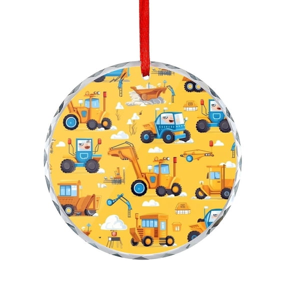 Glass Christmas Ornament Cute Cartoon Kids Construction Vehicle Round Christmas Ornament Personalized Excavator Construction Hanging Ornaments Xmas Tree Decor for Family Friends Lovers