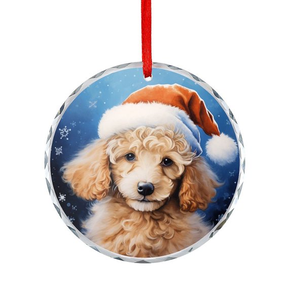 Glass Christmas Ornament Poodle Puppy Wearing A Santa Claus Hat With Snowflakes Crystal Glass Christmas Decor with Holiday Design Merry Christmas Cute Animals Holiday Decor And Xmas Gifts Ideas
