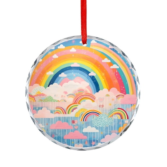 Glass Christmas Ornament Rainbows & Clouds Glass Round Christmas Ornament Cute Cartoon Clouds Rainbow Holiday Decorations And Xmas Gift Ideas