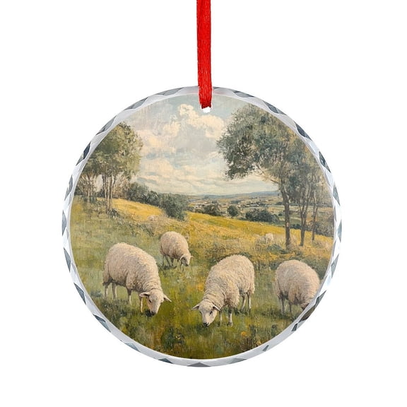 Glass Christmas Ornament Sheep Farm Meadow Pasture Landscape Christmas Ornament Round Glass Cute Animals Hanging Craft Collectibles for Xmas Trees Home Party Gifts