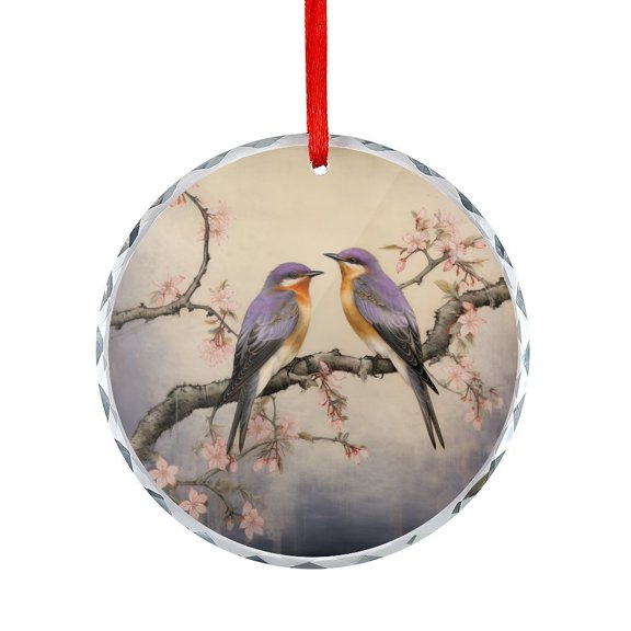 Glass Christmas Ornament Two Swallows On Purple Branches Christmas Glass Decoration Farmhouse Floral for Xmas Tree