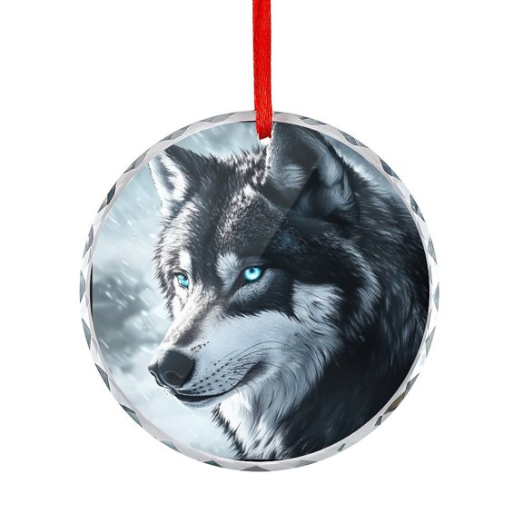 Glass Christmas Ornament Wolf with Blue Eyes Glass Round Ornaments Animal Series Xmas Tree Decor for Kids Mom Dad Friends Loves