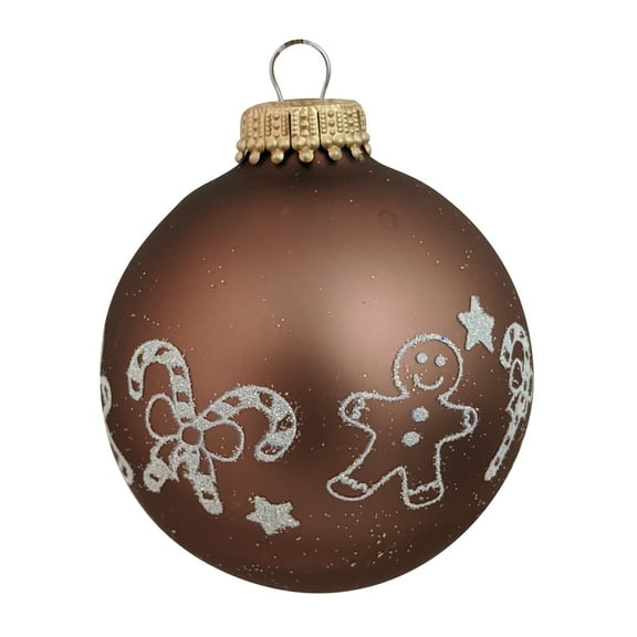 Glass Christmas Tree Ornaments - 67mm/2.625" [4 Pieces] Decorated Balls from Christmas by Krebs Seamless Hanging Holiday Decor (Coconut Brown with White Gingerbread & Candy Canes)