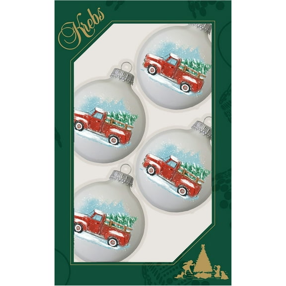 Glass Christmas Tree Ornaments - 67mm/2.625" [4 Pieces] Decorated Balls from Christmas by Krebs Seamless Hanging Holiday Decor (Classic White Velvet with Red Vintage Watercolor Truck)