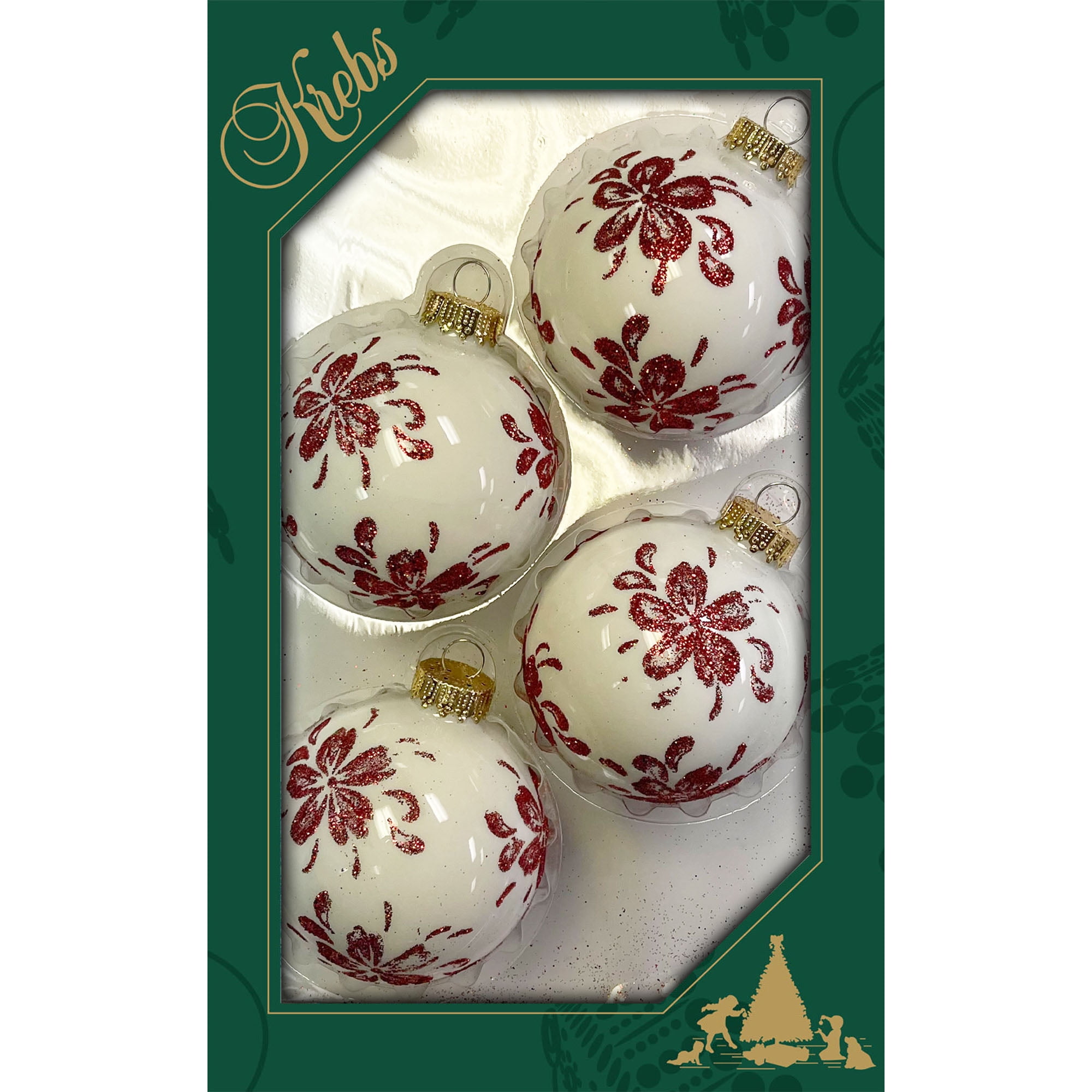 Porcelain White and Red Floral Glass Christmas Ornaments Set