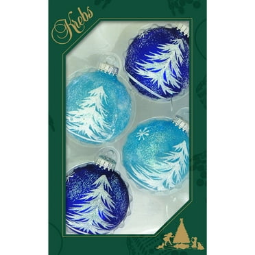 Glass Christmas Tree Ornaments - 67mm/2.63" [4 Pieces] Decorated Balls from Christmas by Krebs Seamless Hanging Holiday Decor (Aqua Transloucent and Royal Velvet Blue with Trees)