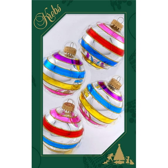 Glass Christmas Tree Ornaments - 67mm/2.63" [4 Pieces] Decorated Balls from Christmas by Krebs Seamless Hanging Holiday Decor (Bright Silver with Multicolor Lines)