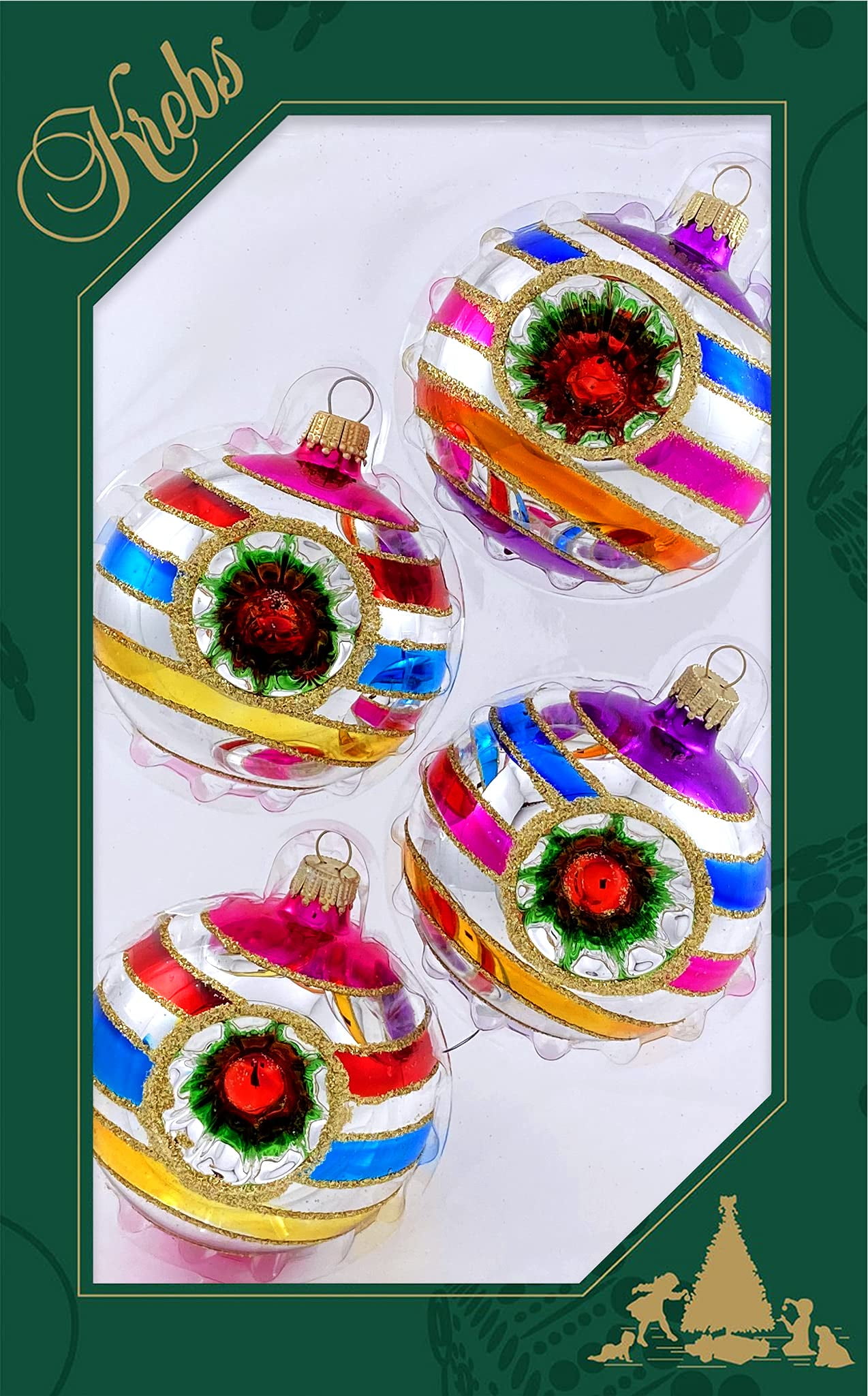 Glass Christmas Tree Ornaments - 67mm/2.63" [4 Pieces] Decorated Balls from Christmas by Krebs Seamless Hanging Holiday Decor (Bright Silver Reflector with Multicolor Lines)