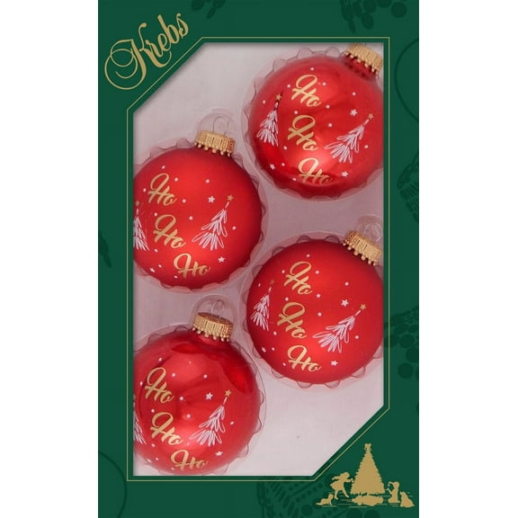 Glass Christmas Tree Ornaments - 67mm/2.63" [4 Pieces] Decorated Balls from Christmas by Krebs Seamless Hanging Holiday Decor (Candy Apple Red & Flame Red with Ho Ho Ho)