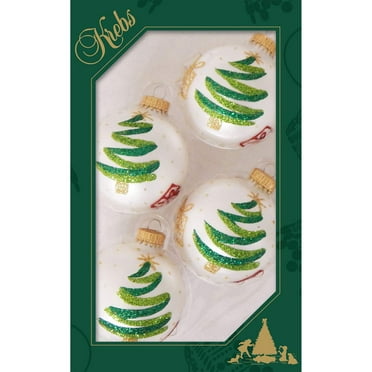 Glass Christmas Tree Ornaments - 67mm/2.63" [4 Pieces] Decorated Balls from Christmas by Krebs Seamless Hanging Holiday Decor (Silver Pearl with Tree and Gifts)