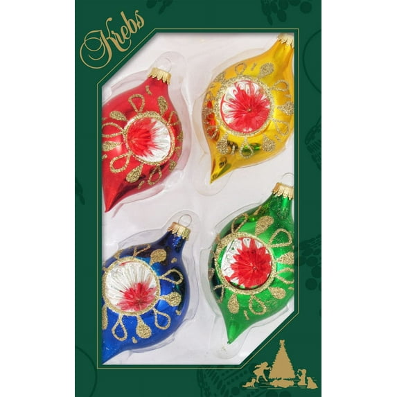 Glass Christmas Tree Ornaments - 67mm/2.63" [4 Pieces] Decorated Balls from Christmas by Krebs Seamless Hanging Holiday Decor (Traditional Colors 3.5" Onion Reflectors)