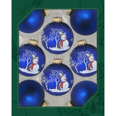 Glass Christmas Tree Ornaments - 67mm / 2.63" [8 Pieces] Designer Balls from Christmas By Krebs Seamless Hanging Holiday Decor (Royal Velvet Blue with Bell Ringer Snowman)