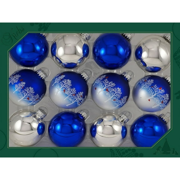 Glass Christmas Tree Ornaments - 67mm/2.63" Designer Balls from Christmas by Krebs - Seamless Hanging Holiday Decorations for Trees - Set of 12 Ornaments (Silver and Blue with Trees and Cardinals)