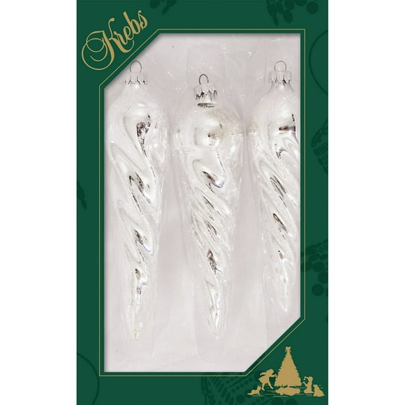 Glass Christmas Tree Ornaments - Decorated from Christmas by Krebs - Handmade Seamless Hanging Holiday Decorations for Trees (6" Bright Silver & White Glitter Twisted Icicles [3 Pieces])
