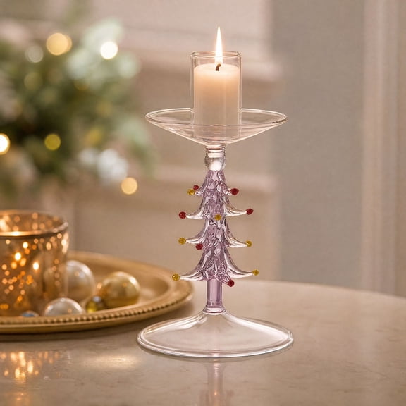 Glass Christmas Tree Shaped Candle Holder in Rosy Pink, Classic Taper Candlestick Stand for Holiday Mantel and Table Centerpiece Decor